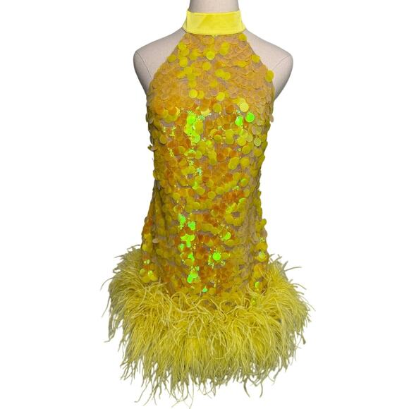 Bronx and Banco Izzy Sequin Feather Minidress yellow halter NEW size US 6 AU 10 - Picture 7 of 13